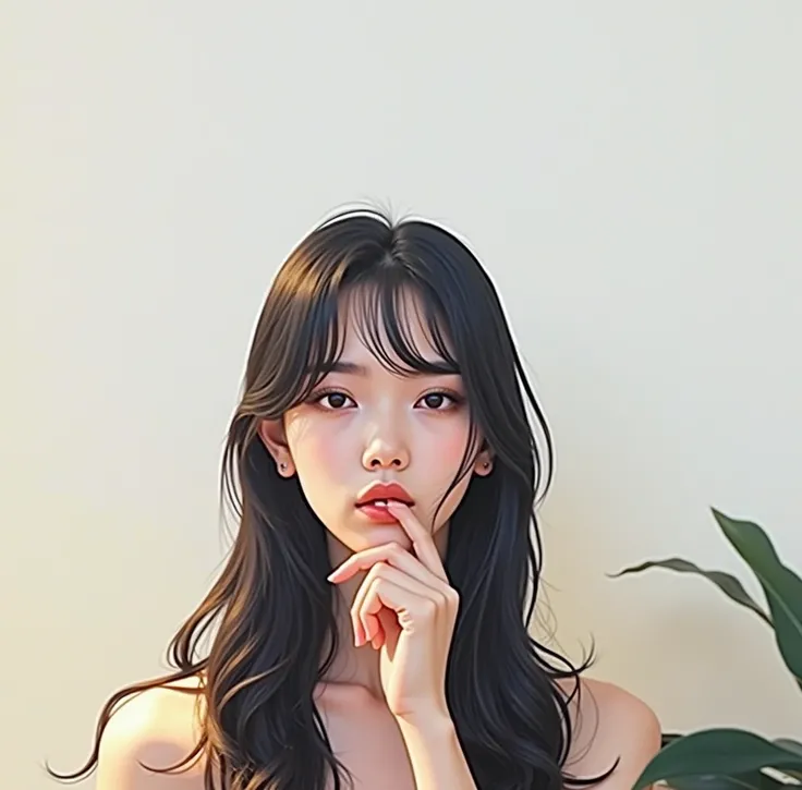 Realistic real world girl with Asian features with black eyeliner and makeup that highlights the lower eyelid, pink lips, yellowish and black lighting at the corners, head to the right but looking at the camera and covering her mouth with her fist, the cam...