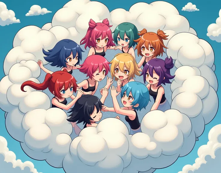 An anime-style illustration depicting many cloud-hair girls playfully wrestling with each other inside a comical fight cloud.
each girl has different  colored hair.
their faces,hands,and feet are visible emerging from the cloud as they tussle humorously,  ...