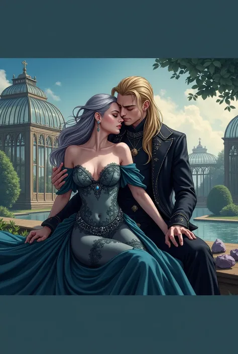 man fucking girl on bench in garden, proportional representation of the physique of the characters,beautiful drawing, long elven clothes, a very beautiful male  magician Avallakha, beautiful intelligent eyes, blond hair combed back below the shoulders, , r...