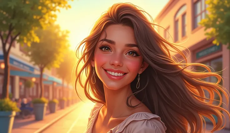 
"A young woman with long, flowing hair and a bright, radiant smile. She has sparkling eyes and a joyful expression. Shes dressed in a stylish outfit that complements her vibrant personality, and the background features a sunny, cheerful setting, perhaps a...