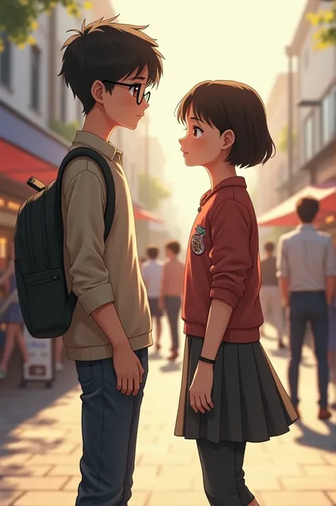 A boy in spectator standing besides a short hair girl