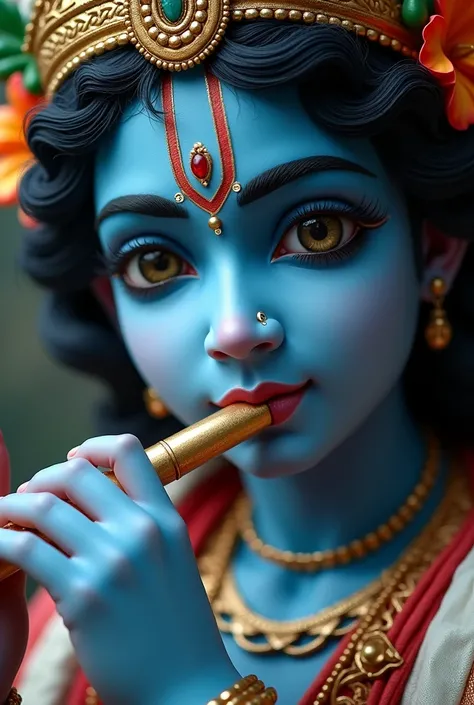 Lord Krishna Image blue body To play Flute close photo age 25