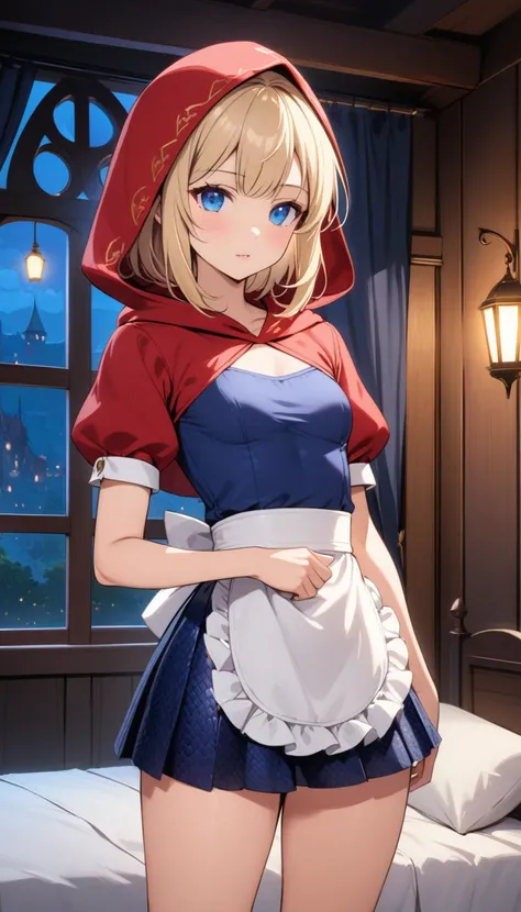 Beautiful 13y old girl with short ponytail coily blonde hair with blue eyes wearing ((Tight Navy Blue Snakeskin Low-Rise Pleated Skirt With White Short Apron With Ruffles)), ((Sexy Medieval Short Sleeves Navy Blue Short Blouse)), ((Red Hood)), standing in ...