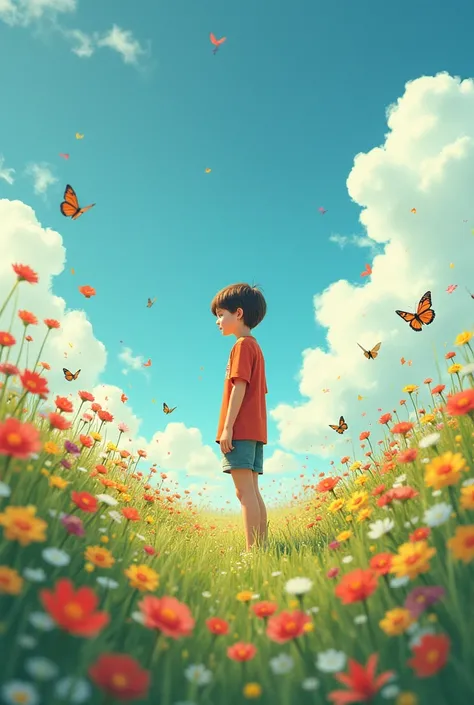 A teenager in a field full of flowers and butterflies 