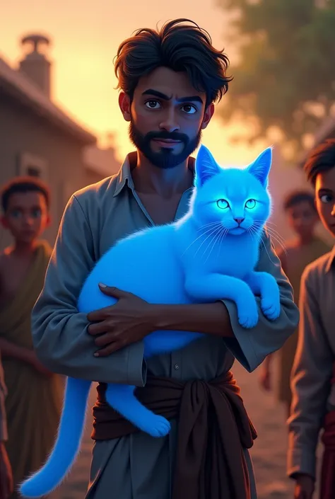 Village Learns About the Blue Cat
Prompt: "Ram, the same farmer in his simple brown dhoti and kurta, stands outside his home holding the glowing blue cat. A group of curious villagers gathers around, pointing and talking. The villagers, all dressed in rura...