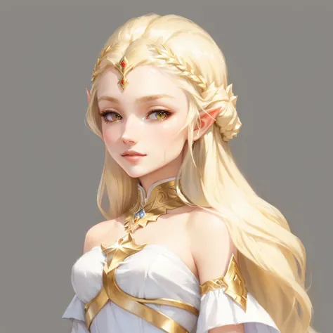 a woman with long blonde hair and a white dress, portrait knights of zodiac girl, alluring elf princess knight, beautiful and elegant elf queen, elf princess, portrait of an elf queen, blonde - haired princess, knights of zodiac girl, elf queen, elf prince...