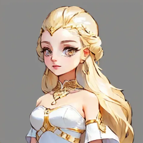 a woman with long blonde hair and a white dress, portrait knights of zodiac girl, alluring elf princess knight, beautiful and elegant elf queen, elf princess, portrait of an elf queen, blonde - haired princess, knights of zodiac girl, elf queen, elf prince...