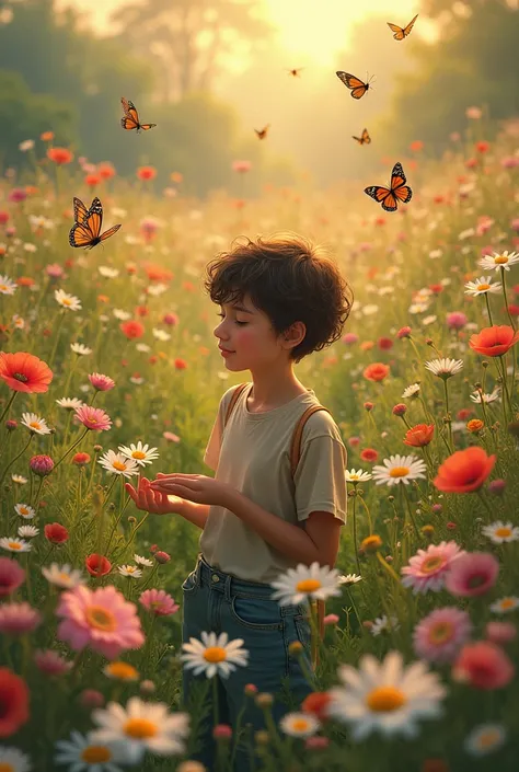 A teenager in a field full of flowers and butterflies, perspective from above 