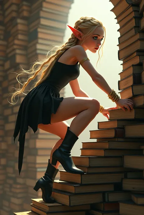 Super realistic illustration, Detailed Fantasy art, Cinema 4D rendering, 1 cute lady, solo, full body, A fairy-sized elven lady is climbing up the stairs of books, braided blonde and slicked-back hair, Azure eyes. drooping thin Pointed Ears, gold bangles, ...