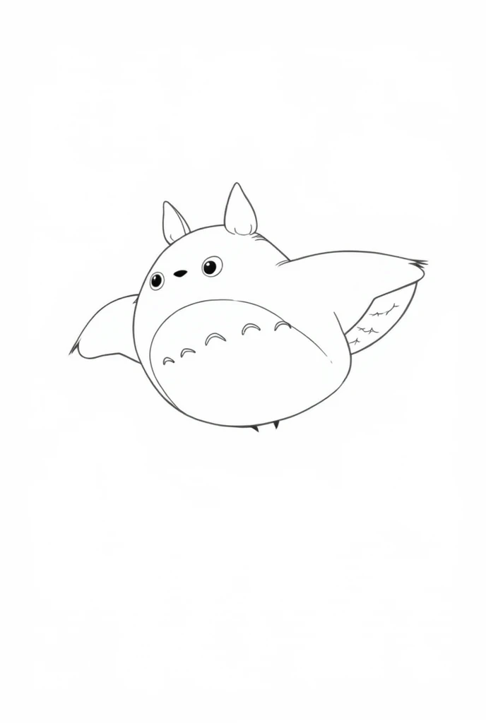 Totoro flying in a bright beautiful sky for colouring book in crisp line black n white