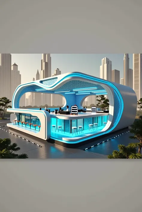 Create a modern, futuristic fast food restaurant with Aceh architecture in Aceh blue, modern architecture