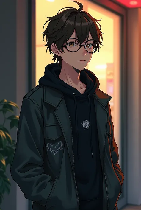 Picture a teenager with a brown mullet that’s slightly messy, wearing oversized round glasses. He has a stylish emo outfit, His expression is thoughtful, and he’s in a cool, casual pose. Anime