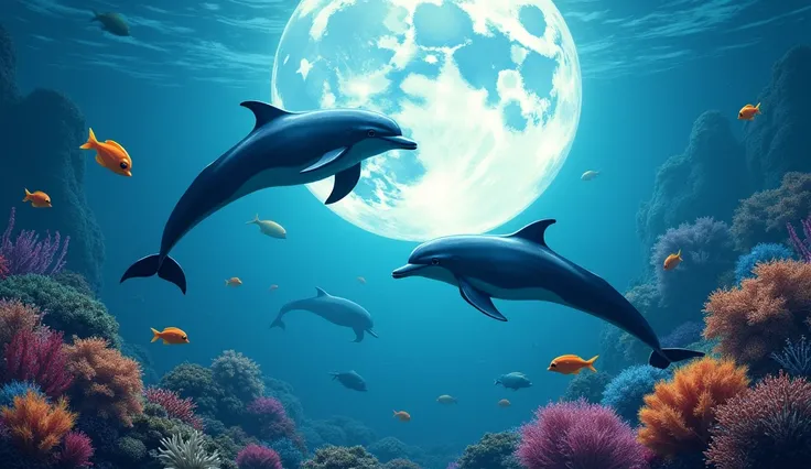 Two Dolphins。Beautiful school of fish and coral reef。Beautiful and huge full moon。