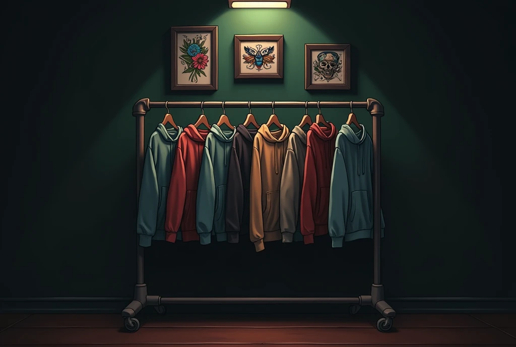 
"A high quality and detailed illustration of a skate shop, where the main object is a coat rack with sweatshirts hanging in an orderly manner. In the background, There is a wall with three frames of tattoo-style illustrations. The scene looks like a hoodi...