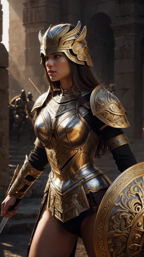 beautiful detailed woman warrior,ancient greek mythology,detailed ornate armor,detailed intricate helmet,sword and shield,dramatic lighting,cinematic composition,digital painting,photorealistic,ultra-detailed,8k,masterpiece,stunning colors,chiaroscuro ligh...