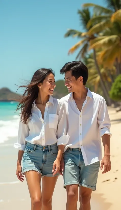 3d photography young asian couple 20 years old walking laughing,,on the beach during the day,full hd,Full view,coconut trees and crashing waves are visible,windswept hair,wear a white shirt