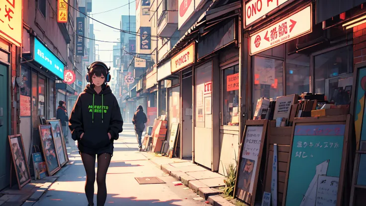 masterpiece, girl alone, solo, incredibly absurd, hoodie, headphones, street, outdoor, neon,