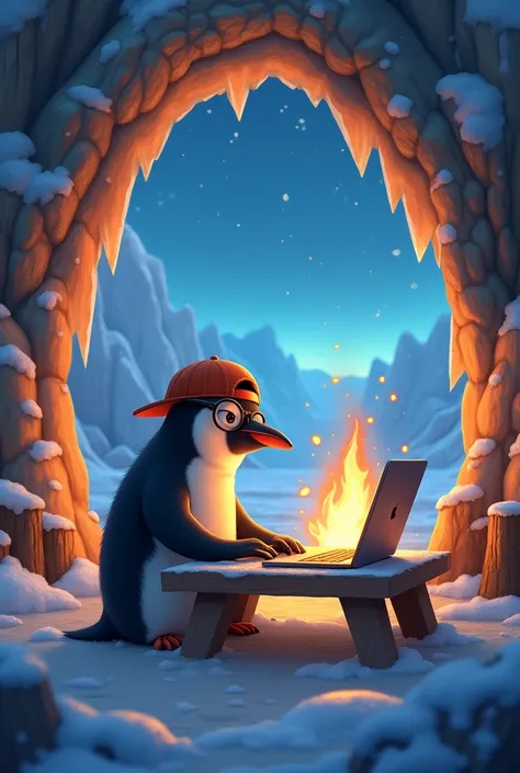 A bonfire burns inside a high-ceilinged crystal igloo. Inside, a penguin wearing small glasses and a snapback backwards is sitting on a desk and making a PPT on a laptop..