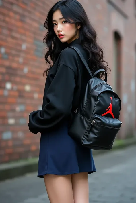 "K-pop style women&#39;Realistic image、Korean Beauty, length, ウェーブのかかったBlack Hair. The back wall is made of bricks、She&#39;s looking back at me、She has a Nike backpack.。She is wearing a black Nike Jordan short sleeve hoodie...., Wear a navy blue mini skirt...