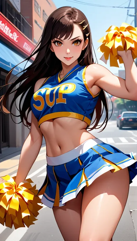 ((cheerleader, clothes writing, crop top, sleeveless shirt, midriff, miniskirt, pleated skirt, holding pom poms:1.2)),score_9, s...