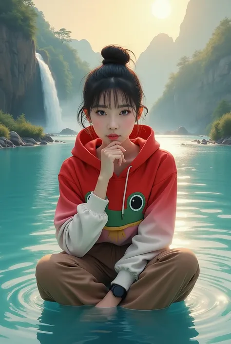 
Stunning 3D coffee art cinematic acrylic painting, showing a beautiful Korean woman with smooth white skin, a perfectly groomed face, her hair tied up in a bun with Korean-style bangs, wearing a red and white gradient hoodie with a picture of a frog, jam ...