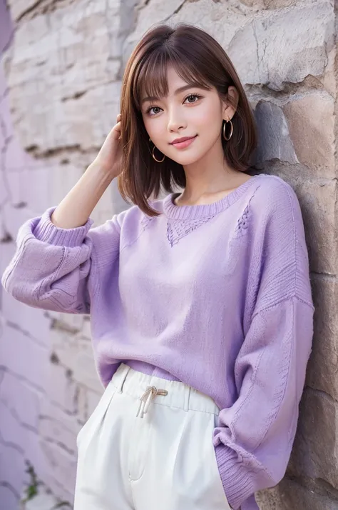 (((Natural Makeup))),(Great face and great quality:1.4), (Ultra-detailed), (Very detailed CG 統合 8k 壁紙), Very detailed,High resolution raw color photos, Professional photography, Realistic portraits, Great face and eyes, Brown eyes,(((Purple knit))),(((Brow...