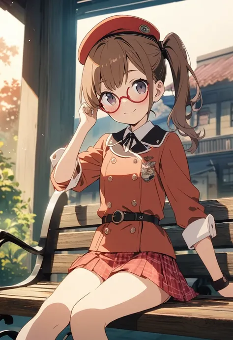 1girl,10yo,brown hair,black eyes, ((red round eyewear)), side ponytail,smile, blushful, (beret),mini skirt, BREAK detailed legs,zettai ryouiki,sitting on park bench, BREAK ((best quality, high resolution)), (delicate illustration), (pastelcolor style illus...