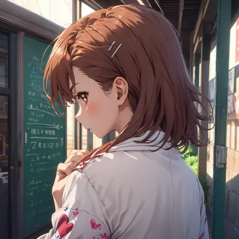 (((misaka mikoto)))looking  ahead ((side view ))masterpiece best quality high resolution 1girl, , blush, , hair ornament, heart,...