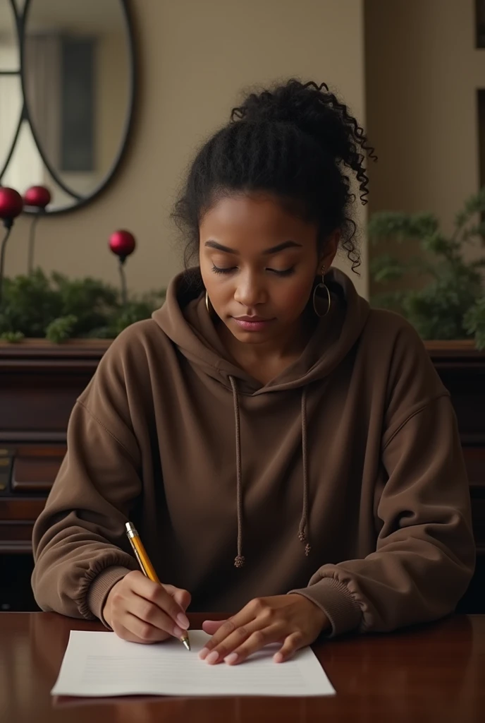 Une fille 21ans métisse peau couleur café cheveux crépu chignon a larrière de sa tête en sweat a capuche marron assise devant un piano a queue noir fermé. Elle écrit sur une feuille. La feuille est posé sur le dos du piano . Derrière elle il y a un comptoi...