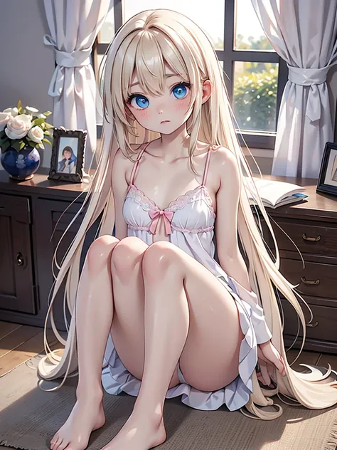 (8k、Highest quality、Best Quality、masterpiece)、Face details、((One person))、Long Hair with Center Part、White blonde、Slender and slim figure、Big Blue Eyes、Troubled expression、Small breasts、((White camisole))、((Pink Panties))、((slouch))、(((Tired and resting hi...