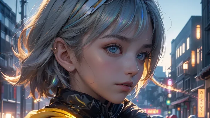 a girl in profile, sitting looking down, short bob hair, white hair, hair tied with a bow, holding a furry mouse, in the background yellow lights from houses on the street, the girl wears a plain jacket, {CG unit wallpaper of 16k extremely detailed}, expan...