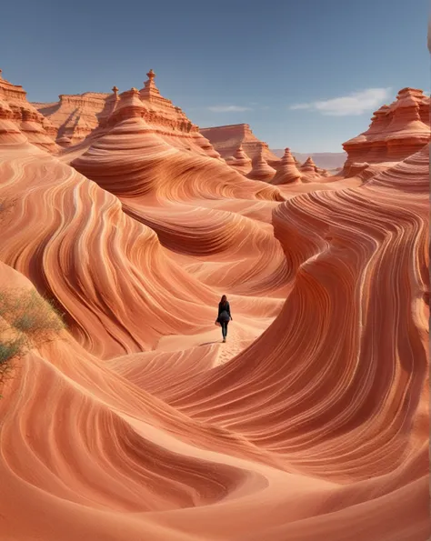 arafed rock formation in the desert with a woman walking through it, red sandstone natural sculptures, girl walking in a canyon, most perfect desert on the world, pastelwave, stunning lines, epic and stunning, earthwave, stunning waves, beautiful and aesth...