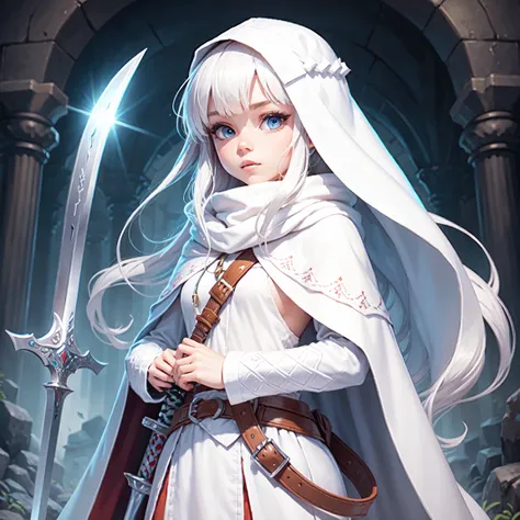 pixel art,girl,pirk hair,white cloak,sword