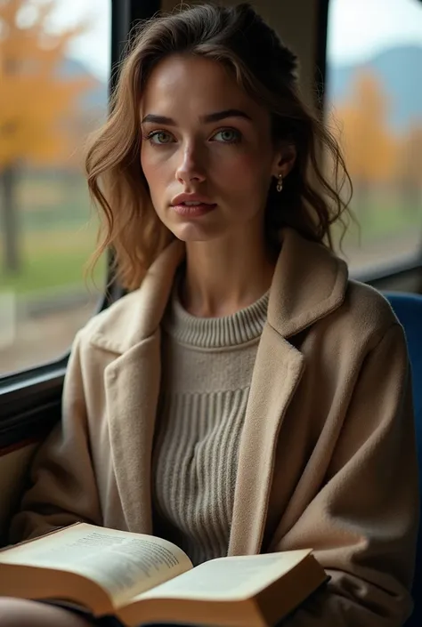 Arafed Femme, fille sexy aux yeux verts, inspirée de Sophie Mudd, est assise dans un train par un temps gris et frais dautomne. Elle porte un pull en laine confortable et un manteau léger. Un livre est ouvert sur ses genoux, et elle se prend en selfie, sou...