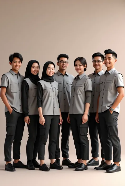 3d characters of 7 young Indonesian people aged 25 years consisting of 4 men and 3 Muslim women, wearing a gray vest, black cargo pants, black shoes, in front of the page it says kpps pilkada 2024 solid color background
