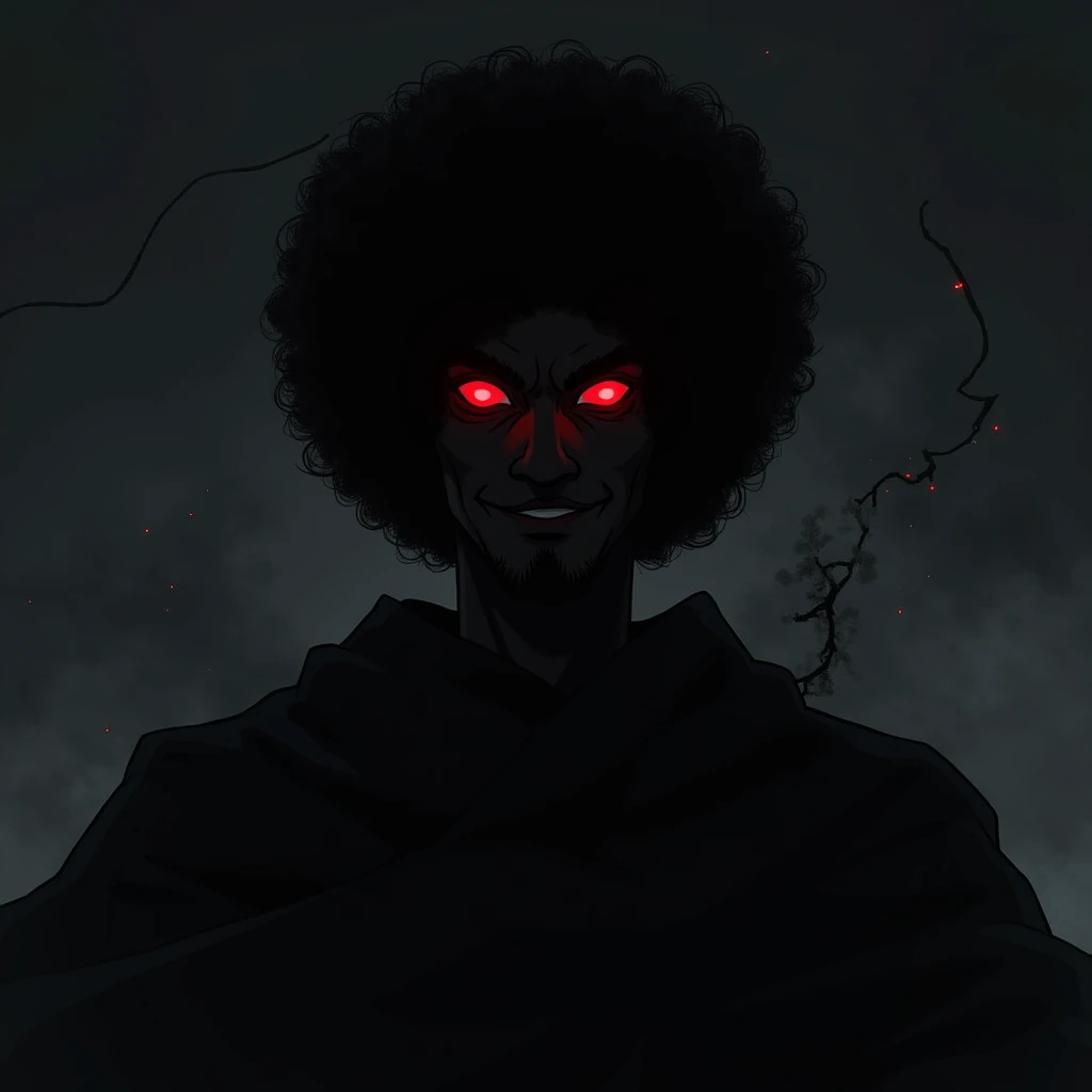 A dark, half-body silhouette of a black man with thick afro hair, emerging from deep shadows that obscure most of his figure. His face is barely visible, shrouded in darkness, with only his glowing red eyes piercing through the shadows. Thin tendrils of sm...