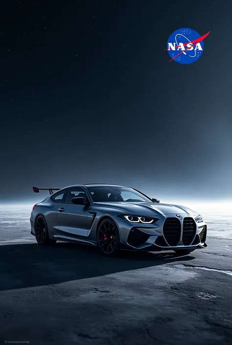 A bmw m3 g80 in space with a NASA logo on the top right of the image 