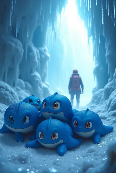 Multiple Blue aktos Pokémon in a ice cave hiding from cave explorer flying