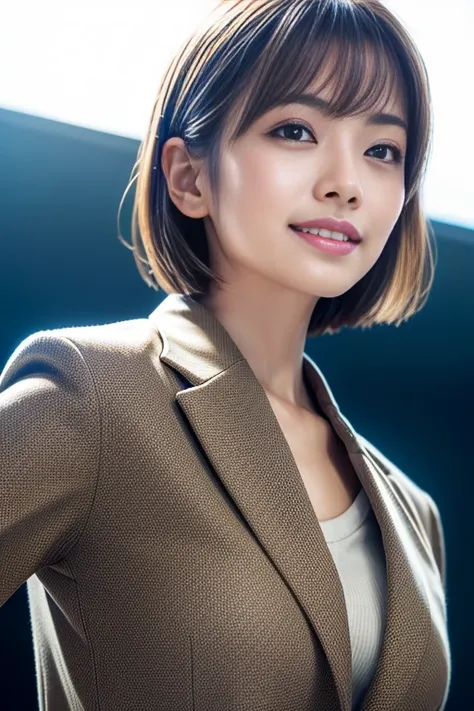 Highest quality, Realistic, Very detailed, finely, High resolution, 8k, Cinema Lighting, 1 person, Cute Japanese Women, 30 years old, light brown straight bob hair, (Wearing a simple business suit:1.4), (Blurred Background, Light of the sun), (Natural Side...