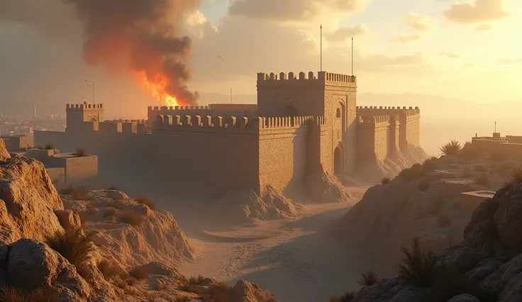 Photorealistic, cinematic 3D matte painting of the Al-Aqsa fortress, its massive stone walls towering over the surrounding landscape. The fortress is bathed in the soft light of dawn, with smoke from distant fires hinting at the battles fought in its defen...