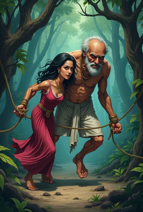 Cartoon of a skinny old Thai-looking beggar man in a torn white outfit, a big belly, dirty, holding a cane, tying the hands of a beautiful Thai-dressed woman with a rope and dragging her behind him in the middle of the forest.