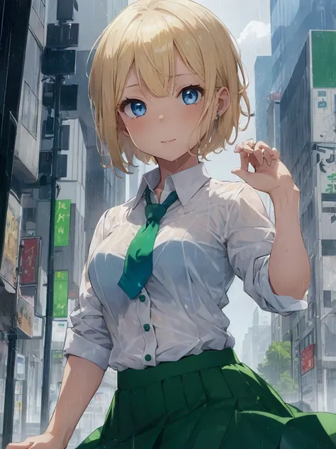 One girl, Blonde, Short Hair, blue eyes, White shirt, Green tie, Green Skirt, city, rain, Detailed Background 