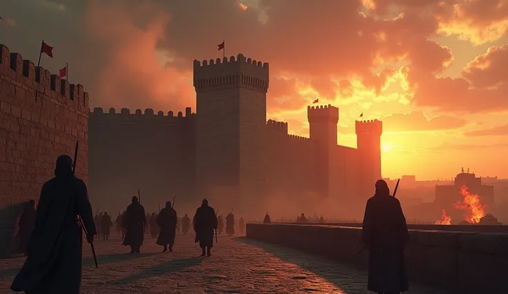 "Cinematic 3D matte painting of the Al-Aqsa fortress during Shalahuddin’s era, its strong stone walls and towers standing against a dramatic sunset. The scene captures the tension of the time, with soldiers preparing for battle and fires smoldering in the ...