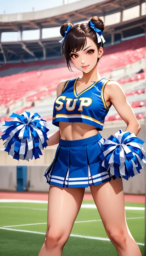 ((cheerleader, clothes writing, crop top, sleeveless shirt, midriff, miniskirt, pleated skirt, holding pom poms:1.2)),score_9, s...