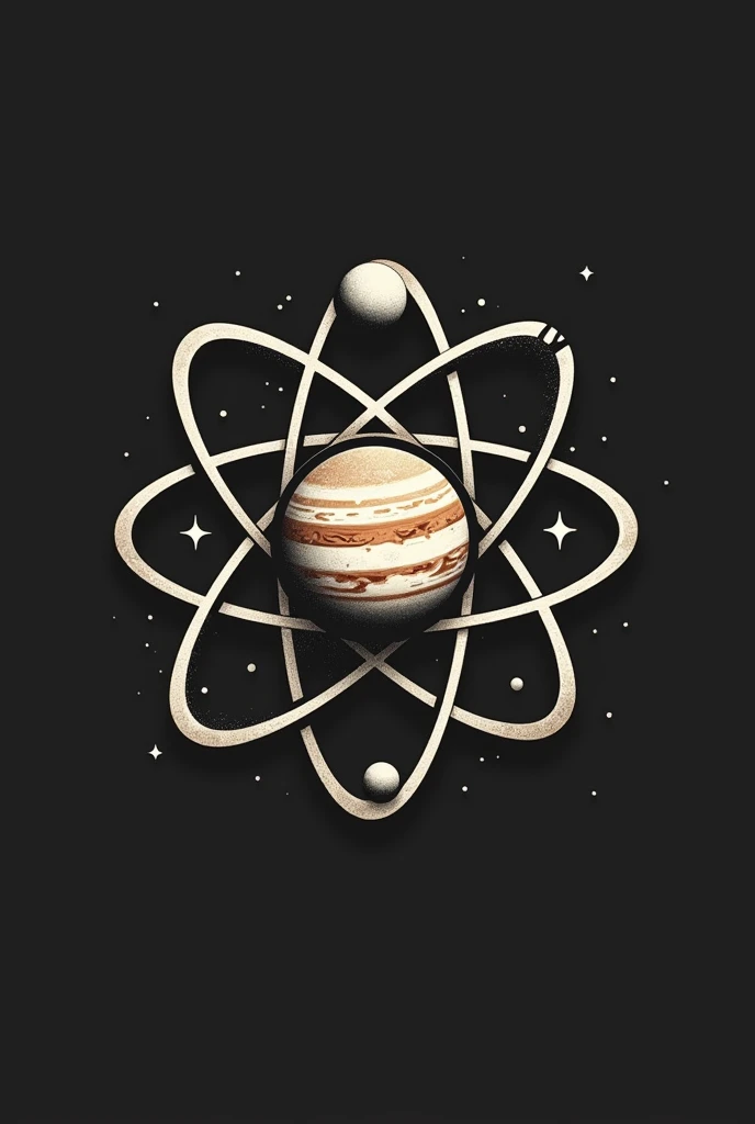 em 2d, image of an atom with a planet Jupiter in place of the middle one in a tattoo version