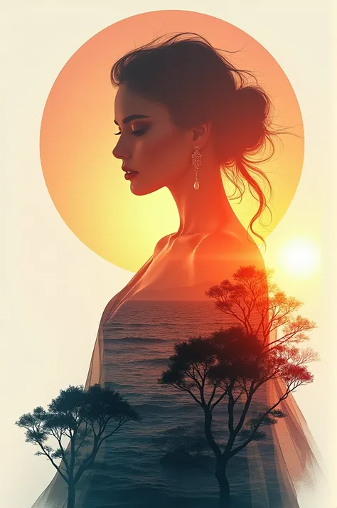 high quality, 8k Ultra HD, Прекрасная double exposure, which combines the silhouette of a goddess and a sunset on the coast, the sunset coast should serve as a backdrop, with its details, included in the silhouette of the goddess, sharp lines, Background m...