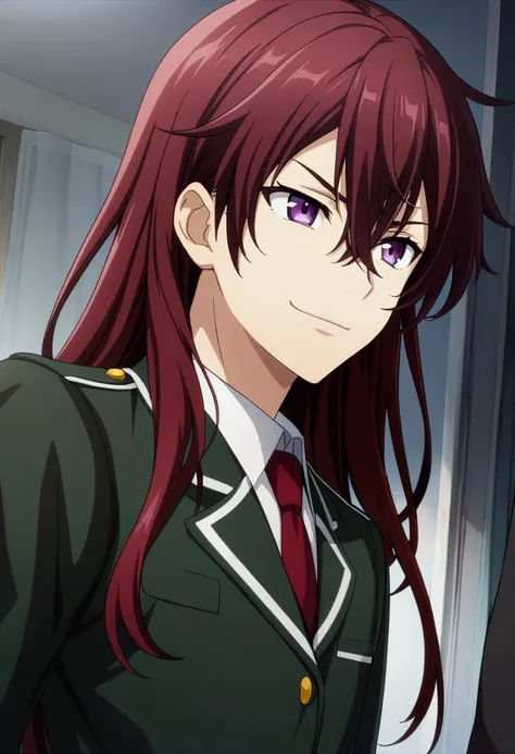 A boy with dark red hair, hair between eyes, long hair, dark purple eyes, teenage, uniform male school, arrogant smile, CG, screenshot