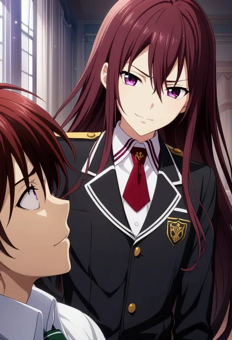 A boy with dark red hair, hair between eyes, long hair, dark purple eyes, teenage, uniform male school, arrogant smile, CG, screenshot