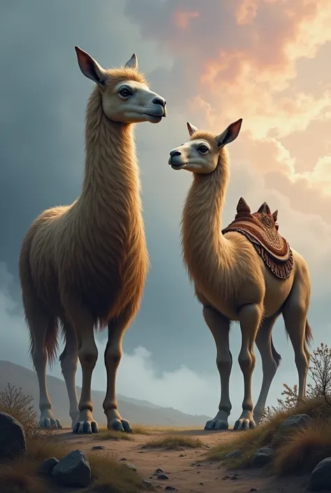 Make a monster photo in which there is a Llama  on the left and a Camel on the right.