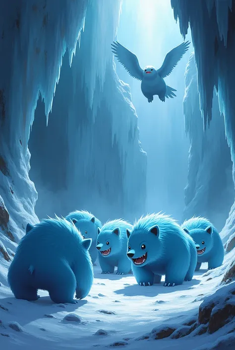 Multiple Blue arctos Pokémon in a ice cave hiding from cave explorer flying bird